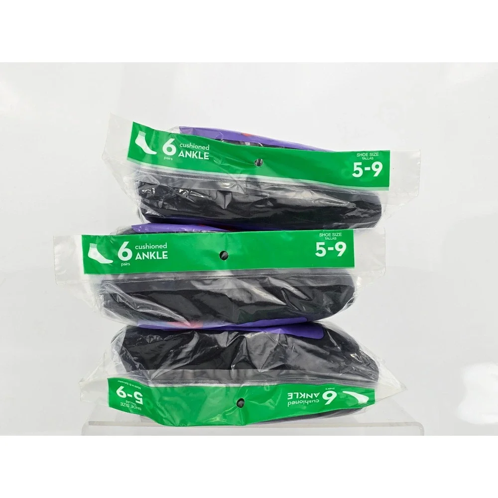 Hanes Ankle Socks Womens 5-9 Black Cushioned 6 Pair Packs -New